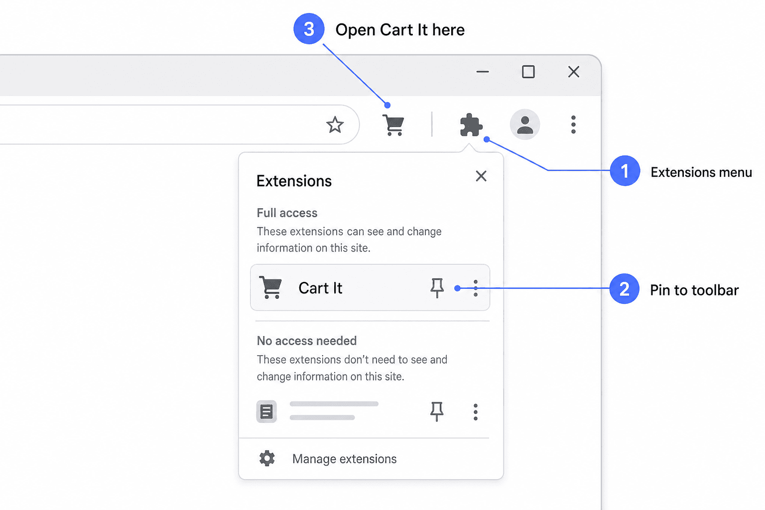 Chrome toolbar: 1) Open the Extensions menu via the puzzle icon on the right. 2) Pin Cartrize from the extensions list. 3) Use the Cartrize icon pinned on the toolbar to open the popup.